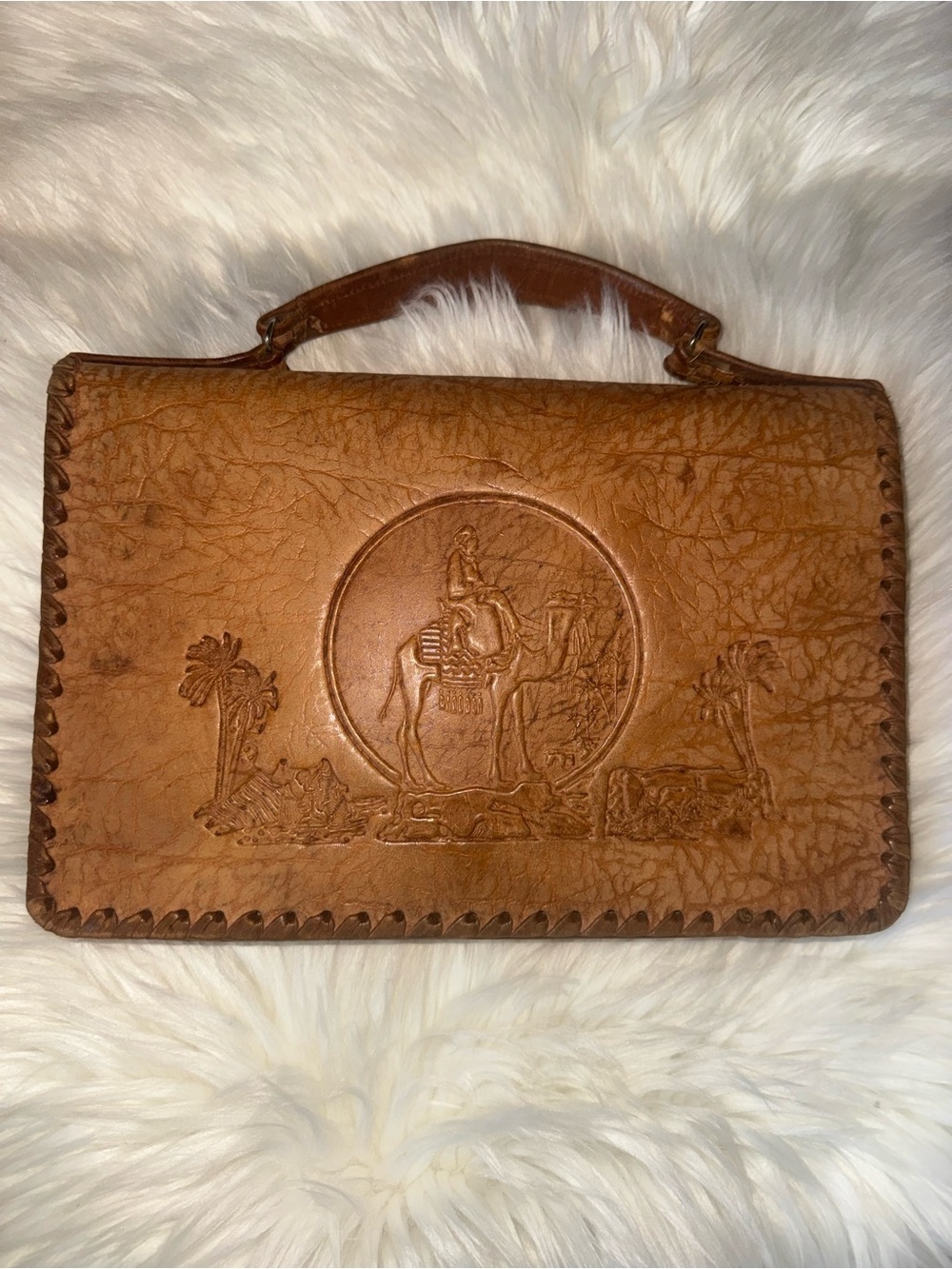 Vintage Handcrafted Tan Leather Briefcase with Embossed Camel Motif